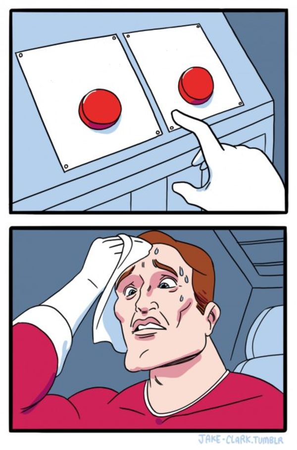 Two Buttons meme about Pela