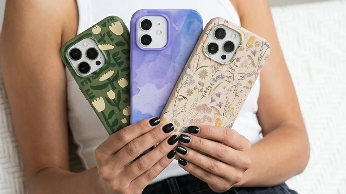 Hands holding three Pela phone cases with floral designs