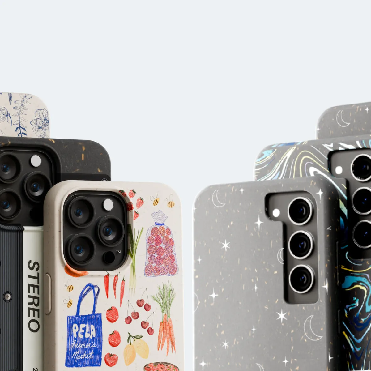 A lineup of Pela phone cases for different phone models
